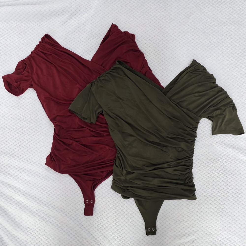 Express Burgundy and Olive Asymmetrical Bodysuits